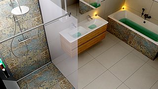 3D-Planung eines Badezimmers mit Badewanne, Dusche und Doppelwaschbecken