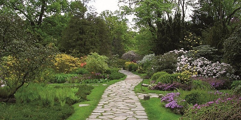 gepflasterter Gehweg zwischen grünem Garten mit Bäumen und Blumen
