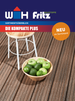 Flyer in blau, rot und Schüssel mit grünen Äpfeln und einem Hocker