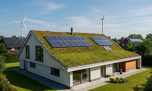 Haus mit begrüntem Dach und Garten
