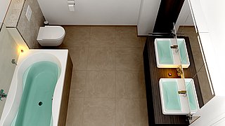 3D-Planung eines Badezimmers mit Badewanne und Doppelwaschbecken
