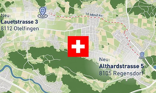 Wegbeschreibung vom neuen Standort in der Schweiz auf grünen Hintergrund