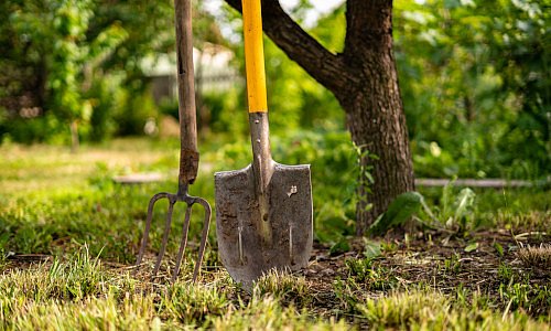 Ein Rechen und eine Schaufel für die Gartenarbeit