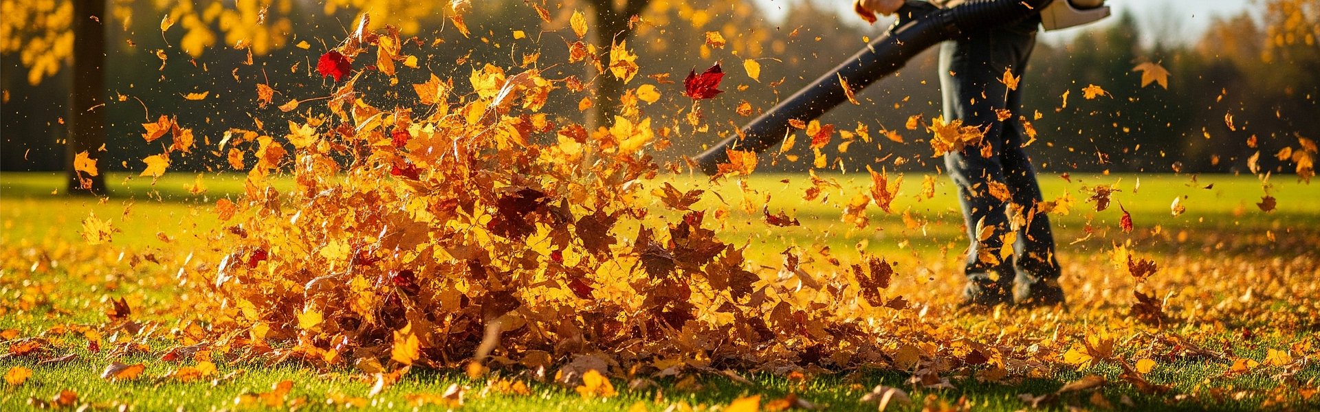 Laubbläser im Herbst im Einsatz