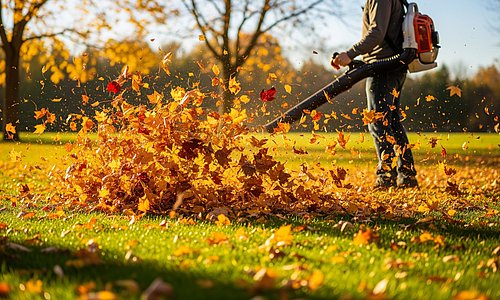 Laubbläser im Herbst im Einsatz