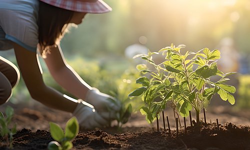 Frau im Garten beim einpflanzen von Setzlingen