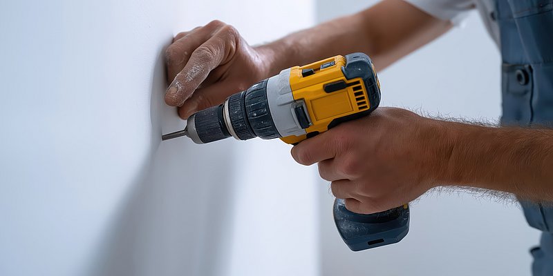 Handwerker bohrt ein Loch in die Wand Handwerker bohrt ein Loch in die Wand