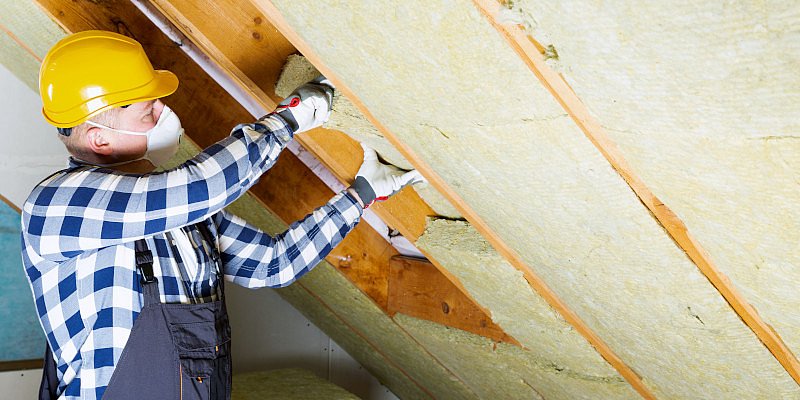 Handwerker verlegt mit Maske Dämmplatten im Dachboden