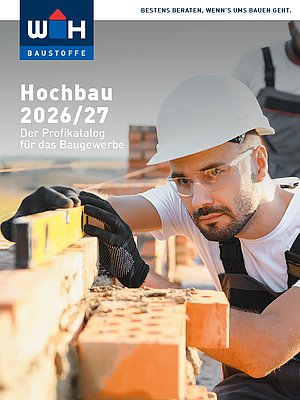 Cover vom WH Hochbaukatalog mit Bauarbeiter der eine Mauer aufzieht