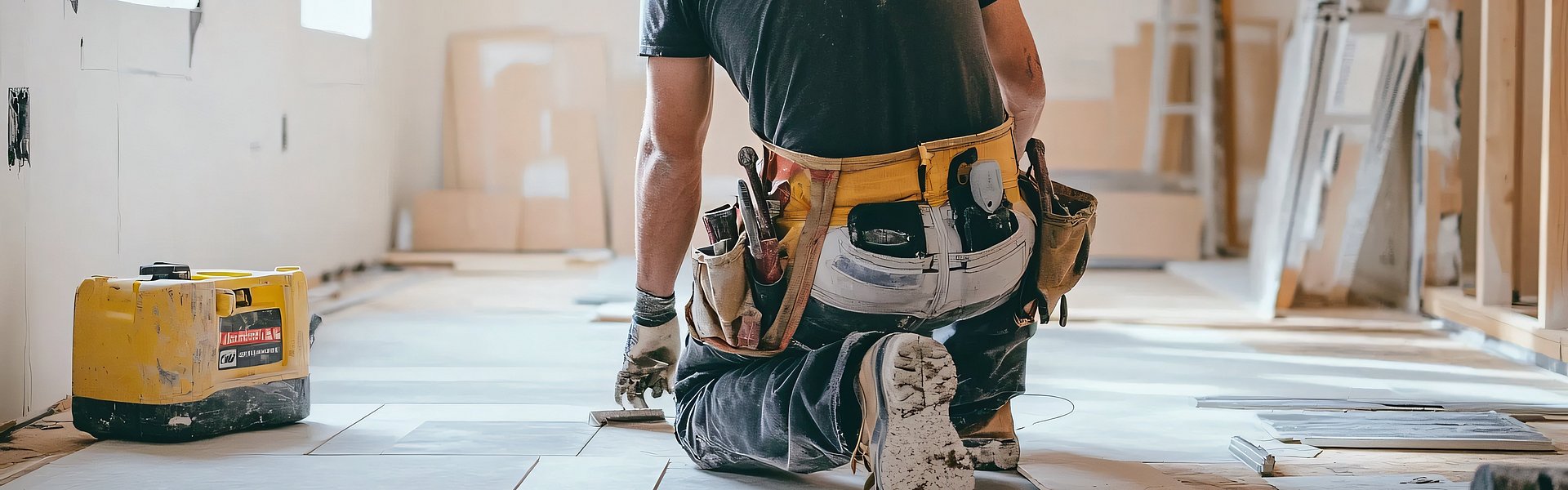 Arbeiter beim Verlegen von Bodenfliesen