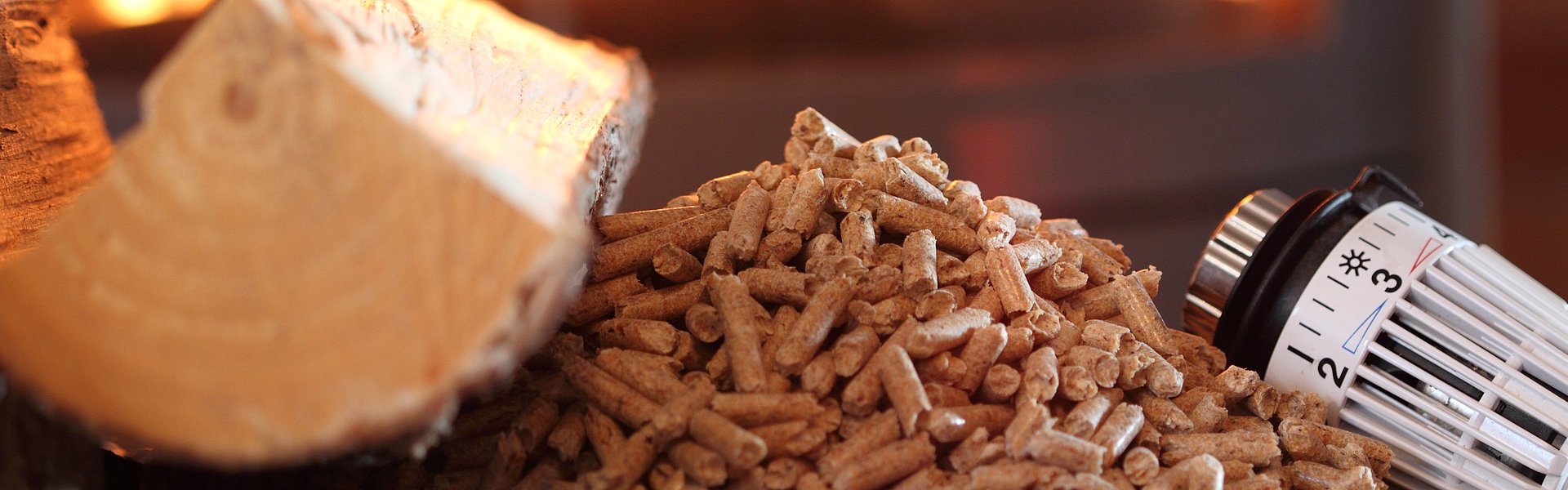 Kamin mit davorliegendem Feuerholz, Pellets und Thermostatkopf
