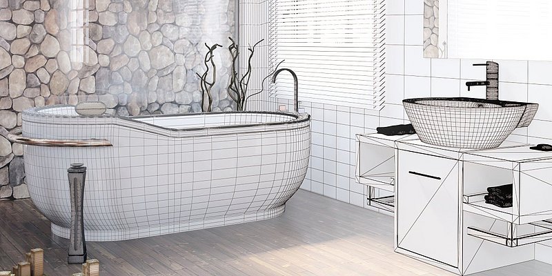 Digitale Planung eines Badezimmers mit Badewanne und Waschtisch