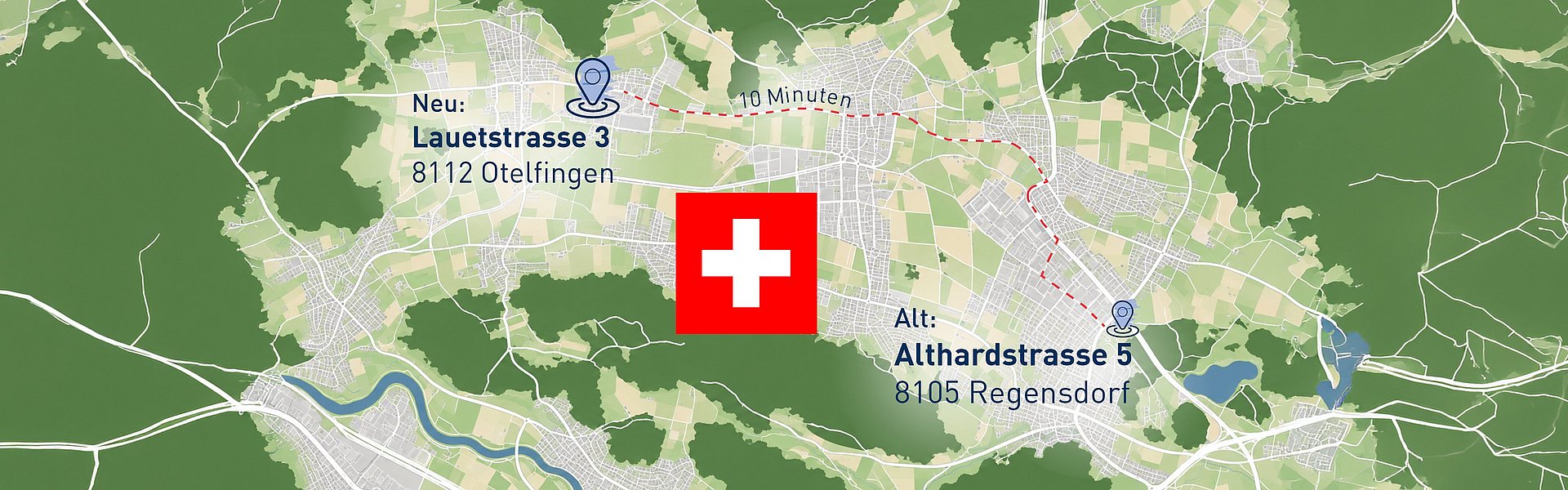 Wegbeschreibung vom neuen Standort in der Schweiz auf grün/weißen Hintergrund