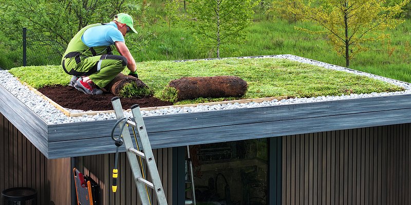 Arbeiter auf Gründach