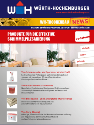 Flyer in blau, gelb und rot mit news zur Schimmelpilzsanierung